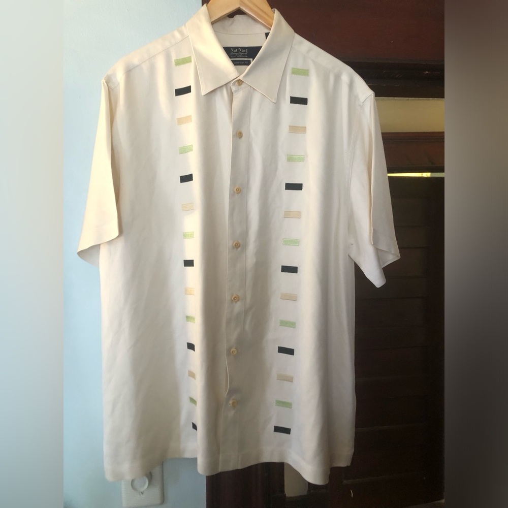 Nat Nast Silk Cream Short-Sleeve Button-Down Shirt with Accent Blocks
